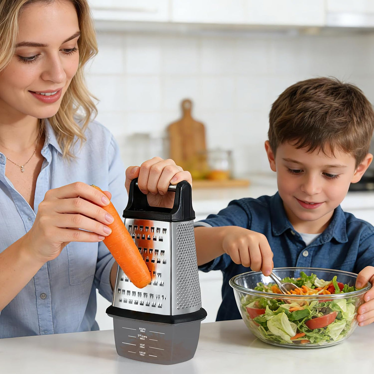 Cheese Grater with Handle, Stainless Steel Box Grater, 4 Side Kitchen Vegetable Shredder Slicer Zester with Container for Parmesan, Cabbage, Ginger, Lemon, Chocolate, Coconut (Red and Black)