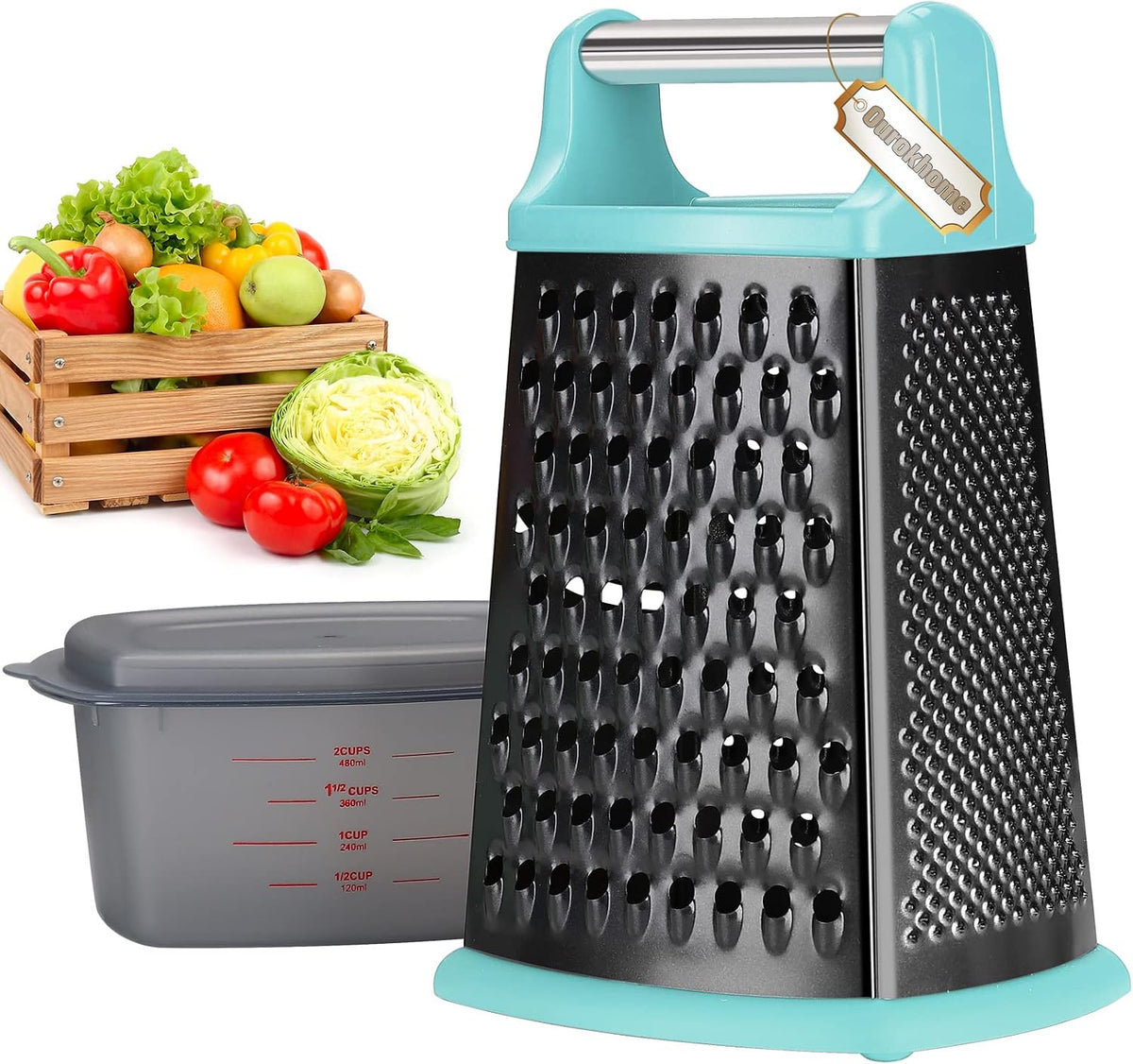 Cheese Grater with Handle, Stainless Steel Box Grater, 4 Side Kitchen Vegetable Shredder Slicer Zester with Container for Parmesan, Cabbage, Ginger, Lemon, Chocolate, Coconut (Red and Black)