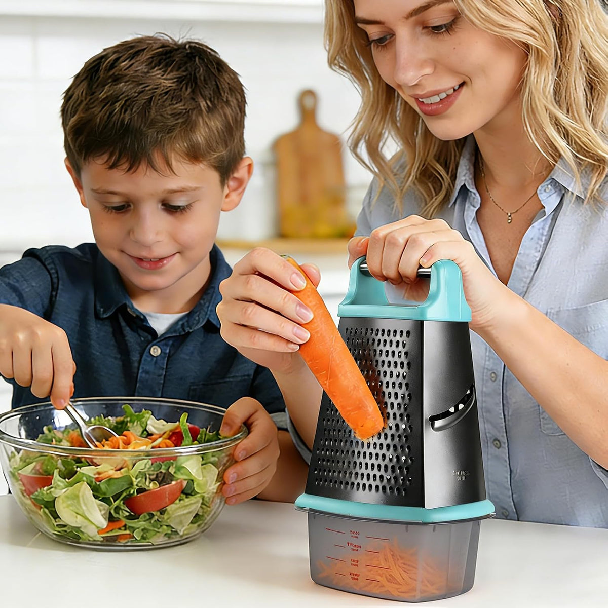 Cheese Grater with Handle, Stainless Steel Box Grater, 4 Side Kitchen Vegetable Shredder Slicer Zester with Container for Parmesan, Cabbage, Ginger, Lemon, Chocolate, Coconut (Red and Black)