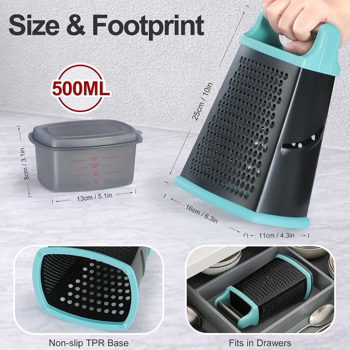 Cheese Grater with Handle, Stainless Steel Box Grater, 4 Side Kitchen Vegetable Shredder Slicer Zester with Container for Parmesan, Cabbage, Ginger, Lemon, Chocolate, Coconut (Red and Black)