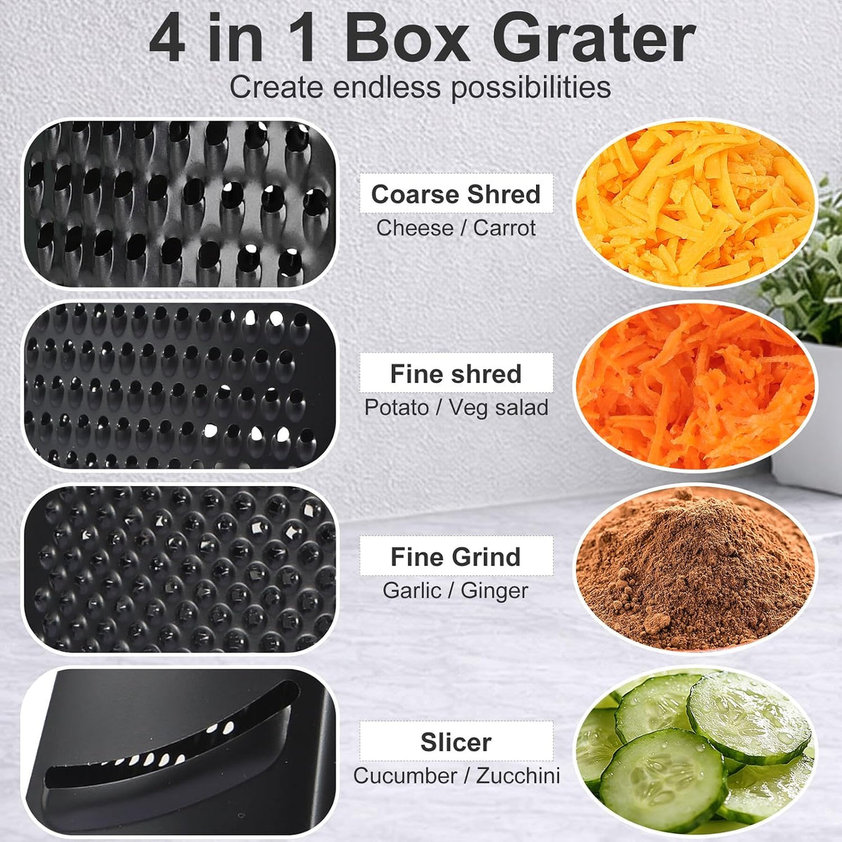 Cheese Grater with Handle, Stainless Steel Box Grater, 4 Side Kitchen Vegetable Shredder Slicer Zester with Container for Parmesan, Cabbage, Ginger, Lemon, Chocolate, Coconut (Red and Black)