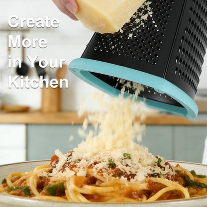 Cheese Grater with Handle, Stainless Steel Box Grater, 4 Side Kitchen Vegetable Shredder Slicer Zester with Container for Parmesan, Cabbage, Ginger, Lemon, Chocolate, Coconut (Red and Black)