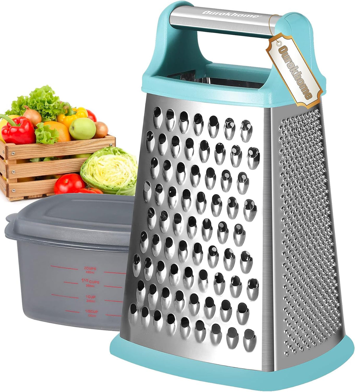 Cheese Grater with Handle, Stainless Steel Box Grater, 4 Side Kitchen Vegetable Shredder Slicer Zester with Container for Parmesan, Cabbage, Ginger, Lemon, Chocolate, Coconut (Red and Black)