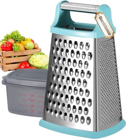 Cheese Grater with Handle, Stainless Steel Box Grater, 4 Side Kitchen Vegetable Shredder Slicer Zester with Container for Parmesan, Cabbage, Ginger, Lemon, Chocolate, Coconut (Red and Black)