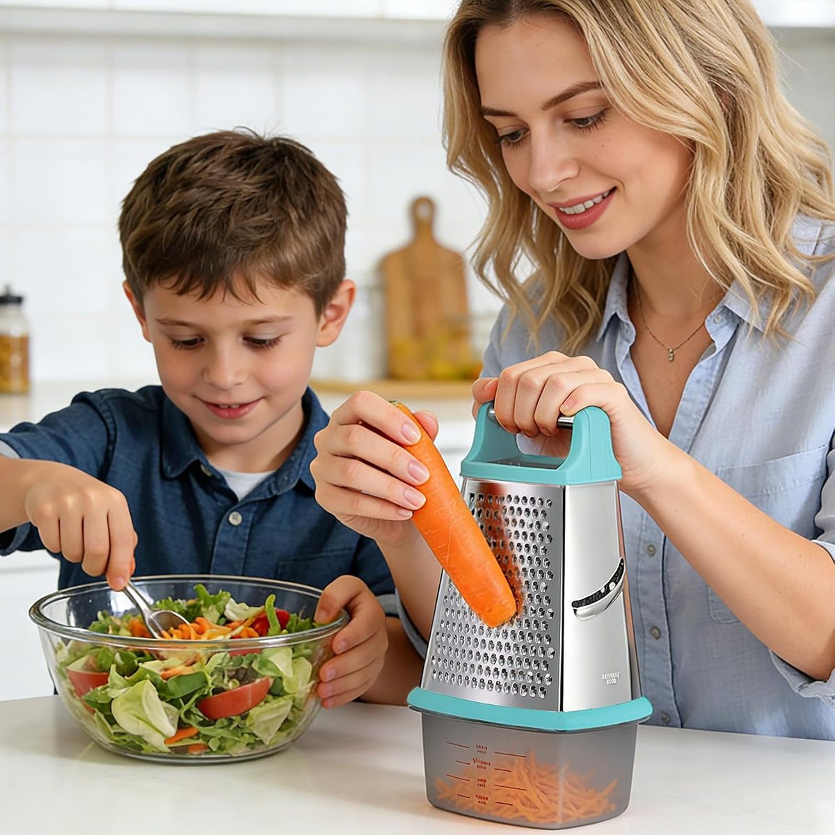 Cheese Grater with Handle, Stainless Steel Box Grater, 4 Side Kitchen Vegetable Shredder Slicer Zester with Container for Parmesan, Cabbage, Ginger, Lemon, Chocolate, Coconut (Red and Black)