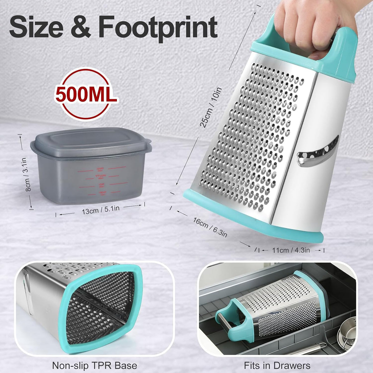 Cheese Grater with Handle, Stainless Steel Box Grater, 4 Side Kitchen Vegetable Shredder Slicer Zester with Container for Parmesan, Cabbage, Ginger, Lemon, Chocolate, Coconut (Red and Black)