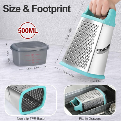 Cheese Grater with Handle, Stainless Steel Box Grater, 4 Side Kitchen Vegetable Shredder Slicer Zester with Container for Parmesan, Cabbage, Ginger, Lemon, Chocolate, Coconut (Red and Black)