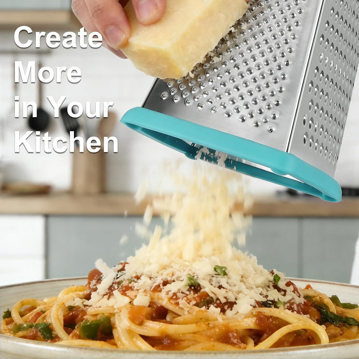 Cheese Grater with Handle, Stainless Steel Box Grater, 4 Side Kitchen Vegetable Shredder Slicer Zester with Container for Parmesan, Cabbage, Ginger, Lemon, Chocolate, Coconut (Red and Black)