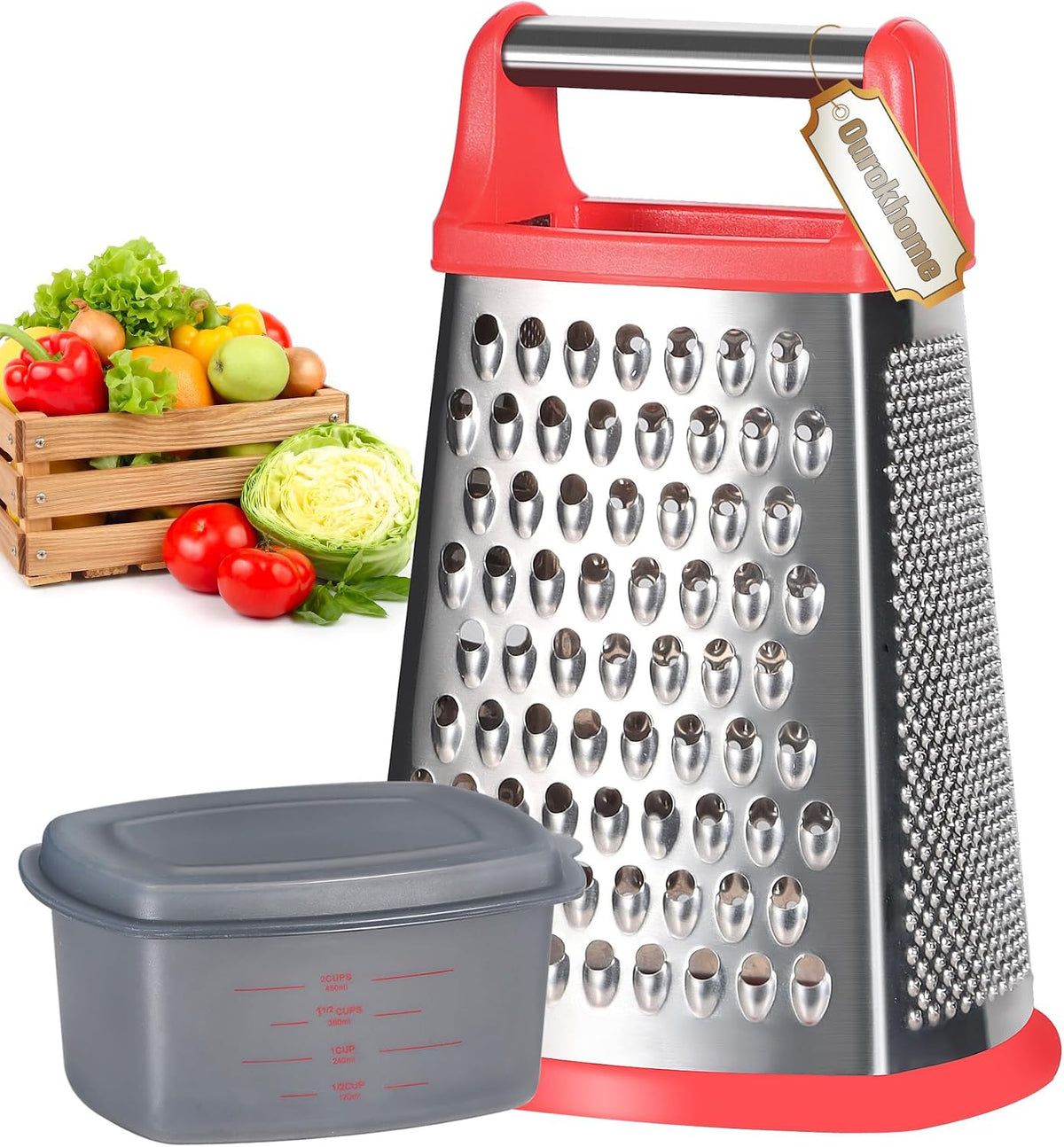 Cheese Grater with Handle, Stainless Steel Box Grater, 4 Side Kitchen Vegetable Shredder Slicer Zester with Container for Parmesan, Cabbage, Ginger, Lemon, Chocolate, Coconut (Red and Black)