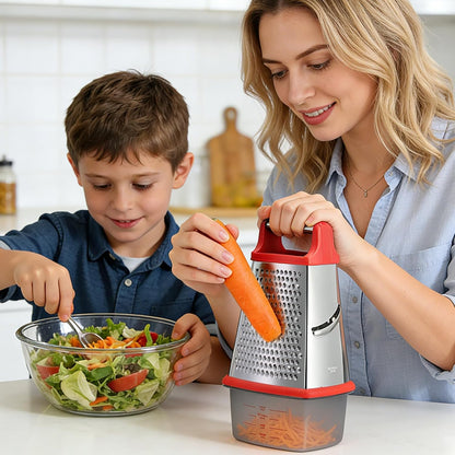 Cheese Grater with Handle, Stainless Steel Box Grater, 4 Side Kitchen Vegetable Shredder Slicer Zester with Container for Parmesan, Cabbage, Ginger, Lemon, Chocolate, Coconut (Red and Black)