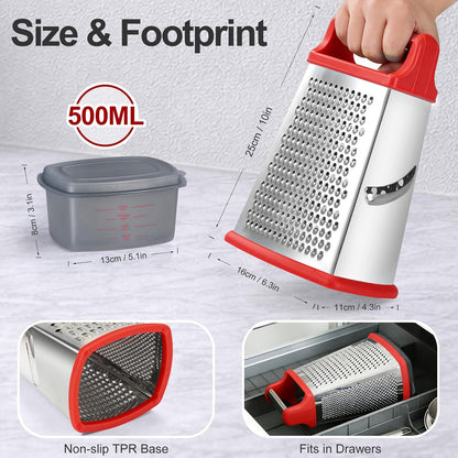 Cheese Grater with Handle, Stainless Steel Box Grater, 4 Side Kitchen Vegetable Shredder Slicer Zester with Container for Parmesan, Cabbage, Ginger, Lemon, Chocolate, Coconut (Red and Black)