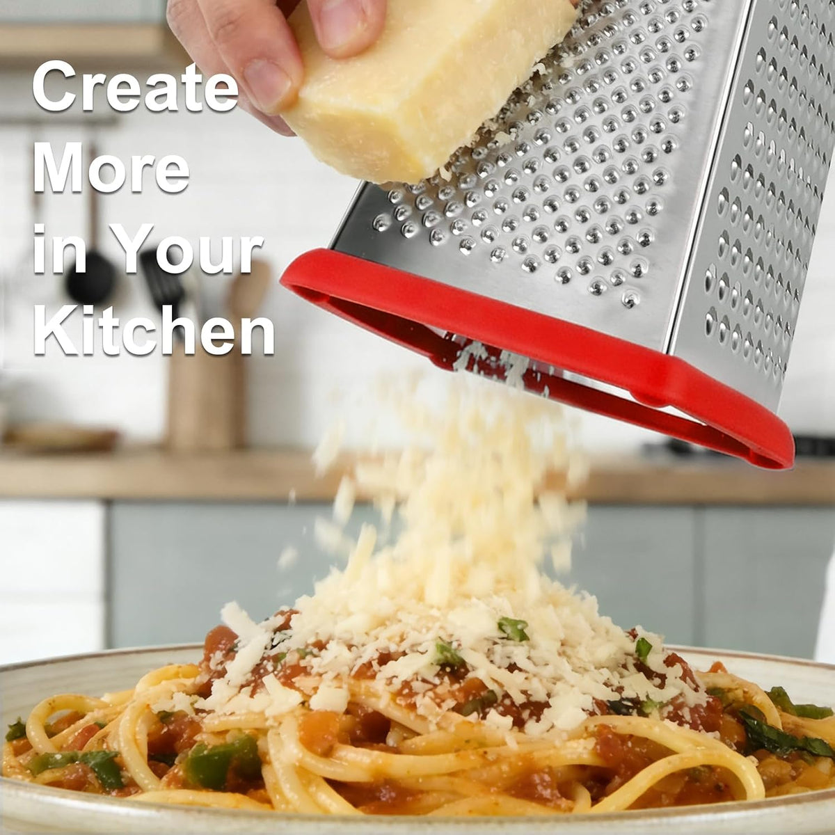Cheese Grater with Handle, Stainless Steel Box Grater, 4 Side Kitchen Vegetable Shredder Slicer Zester with Container for Parmesan, Cabbage, Ginger, Lemon, Chocolate, Coconut (Red and Black)