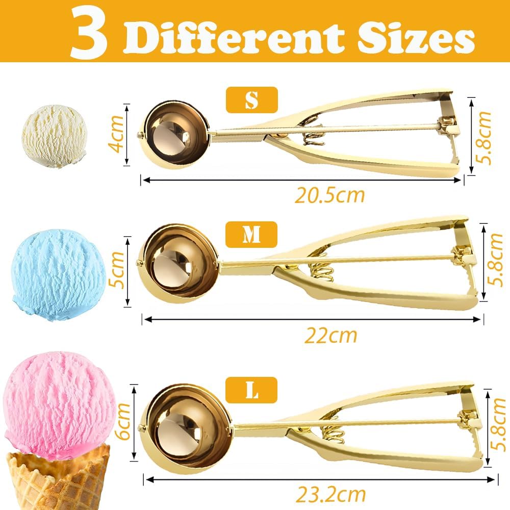 Gold Ice Cream Scoop 304 Stainless Steel Cookie Scoops for Baking Melon Baller with Trigger 3 Sizes (Silver, S)