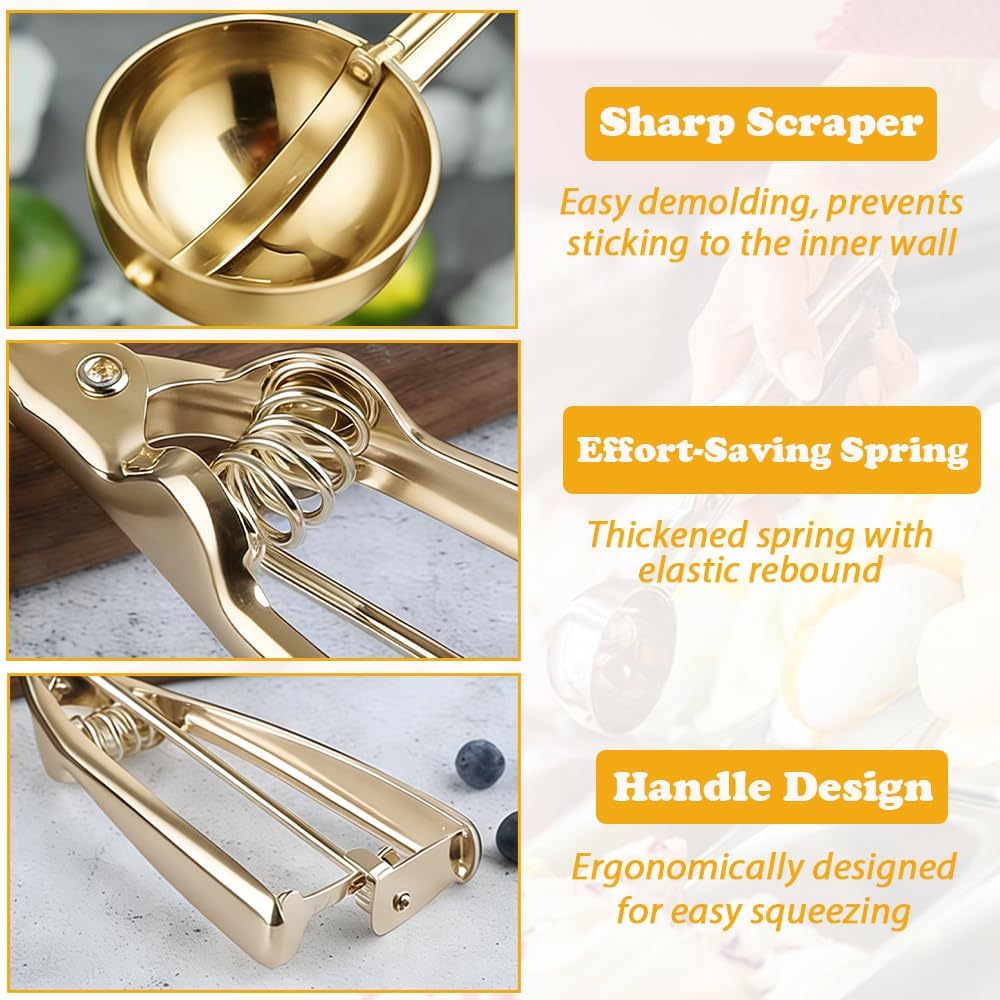 Gold Ice Cream Scoop 304 Stainless Steel Cookie Scoops for Baking Melon Baller with Trigger 3 Sizes (Silver, S)