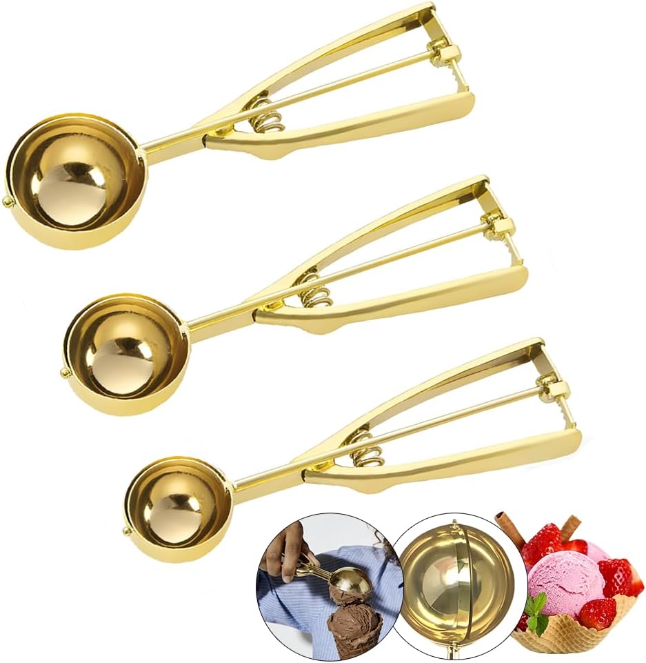 Gold Ice Cream Scoop 304 Stainless Steel Cookie Scoops for Baking Melon Baller with Trigger 3 Sizes (Silver, S)