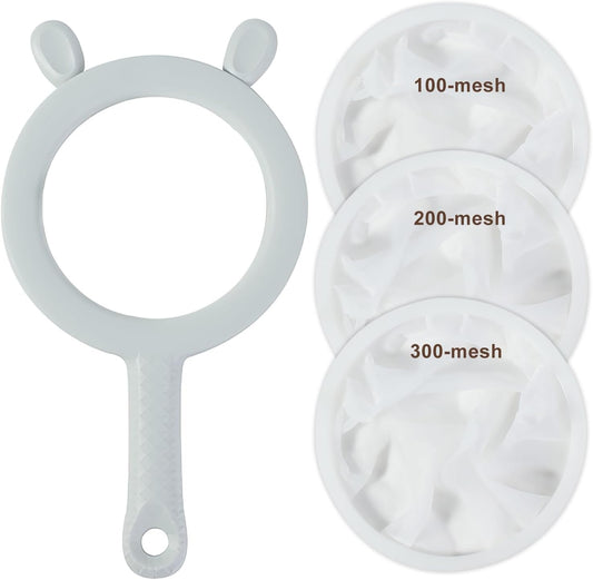 3-in-1 Fine Mesh Filter Kit with Detachable Sieve | 100/200/300 Mesh Filter with Pink Handle, Interchangeable Nylon Filter for Coffee,Nuts Juice, Fine Mesh Food Grade PP Frame