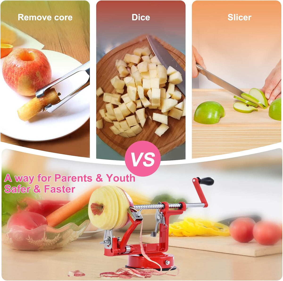 Apple Peeler, Slicer Corer Potato Peelers 3 In 1, Stainless Steel Heavy Duty with Suction Cup Base And 3 Extra Blades (Red)