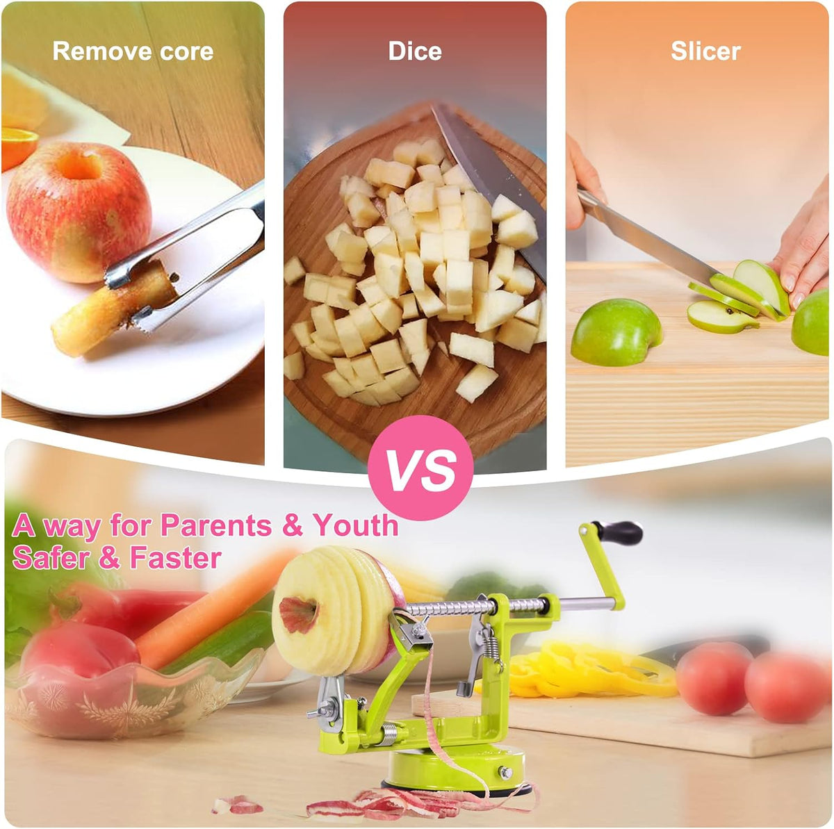Apple Peeler, Slicer Corer Potato Peelers 3 In 1, Stainless Steel Heavy Duty with Suction Cup Base And 3 Extra Blades (Red)