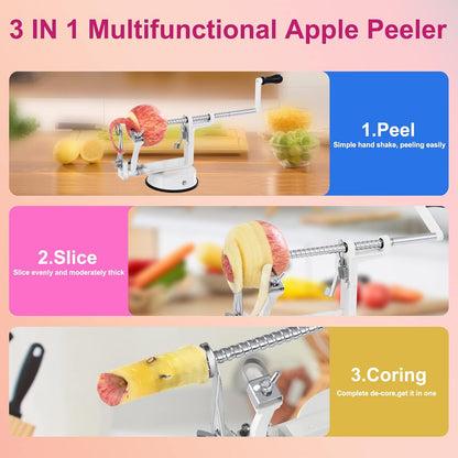Apple Peeler, Slicer Corer Potato Peelers 3 In 1, Stainless Steel Heavy Duty with Suction Cup Base And 3 Extra Blades (Red)