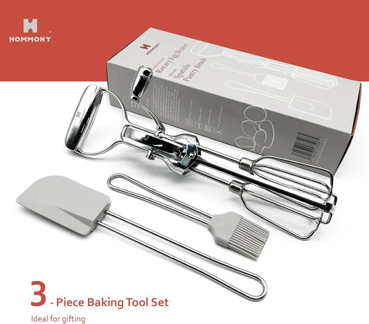 Rotary Egg Beater 12", Stainless Steel Baking Set with Silicone Spatula and Basting Pastry Brush