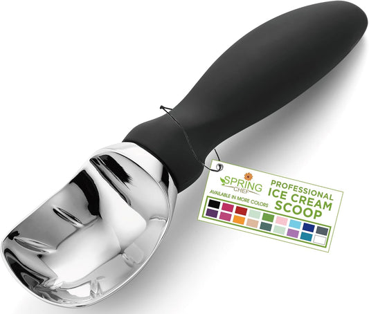 Heavy Duty Metal Ice Cream Scoop with Soft Grip Handle, Black | Professional Ice Cream Scooper for Kitchen, Dishwasher Safe Ice Cream Spoon for Gelato, Sorbet, Cookie Dough, Sundae, Melon