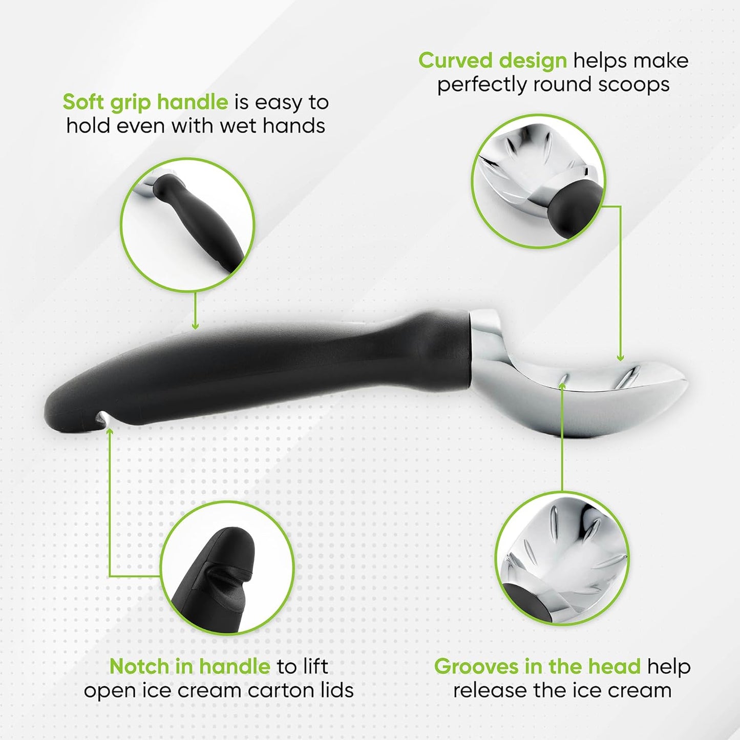 Heavy Duty Metal Ice Cream Scoop with Soft Grip Handle, Black | Professional Ice Cream Scooper for Kitchen, Dishwasher Safe Ice Cream Spoon for Gelato, Sorbet, Cookie Dough, Sundae, Melon