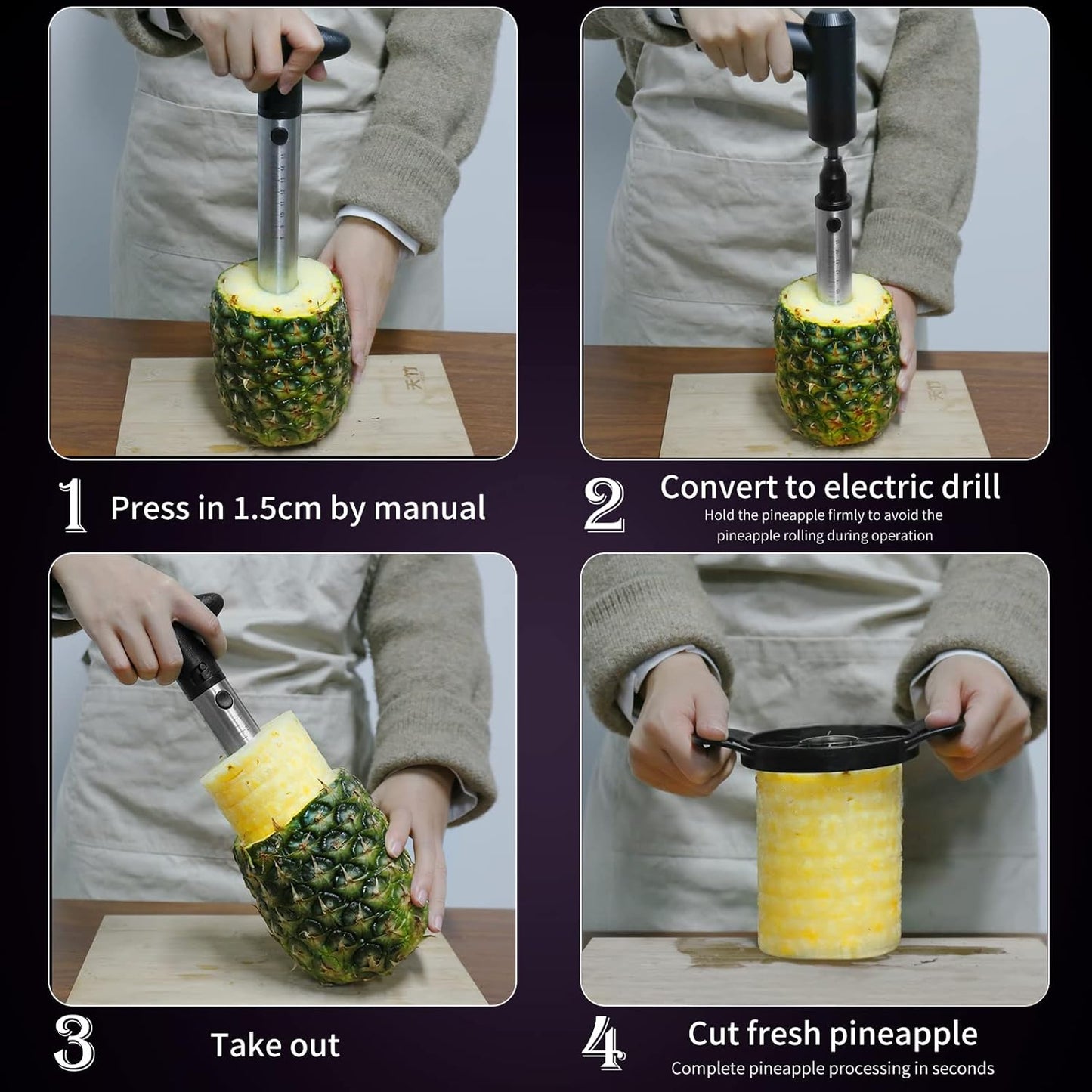 Pineapple Corer Cutter, [Upgraded, Electric & Manual] Stainless Steel Fruit Pineapple Slicer with Electric Drill Accessory [Easier & Faster], Sturdy Pineapple Core Remover Kitchen Tool