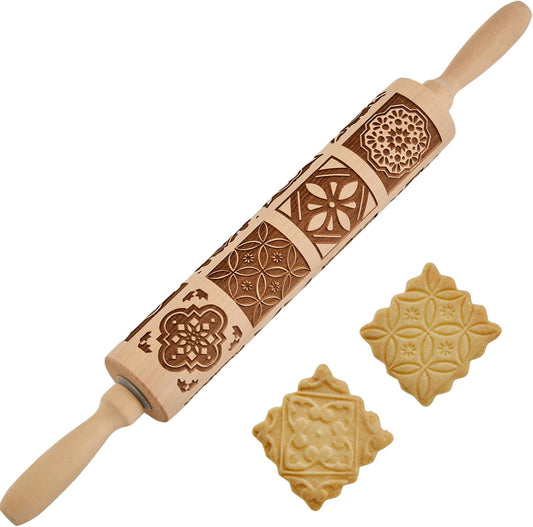 Embossed Rolling Pin for Cookies, Engraved Wooden Rolling Pin for Baking, Deep Pattern Cookie Roller for Christmas, Holiday, DIY Kitchen Decor and Gift - Vintage Tile