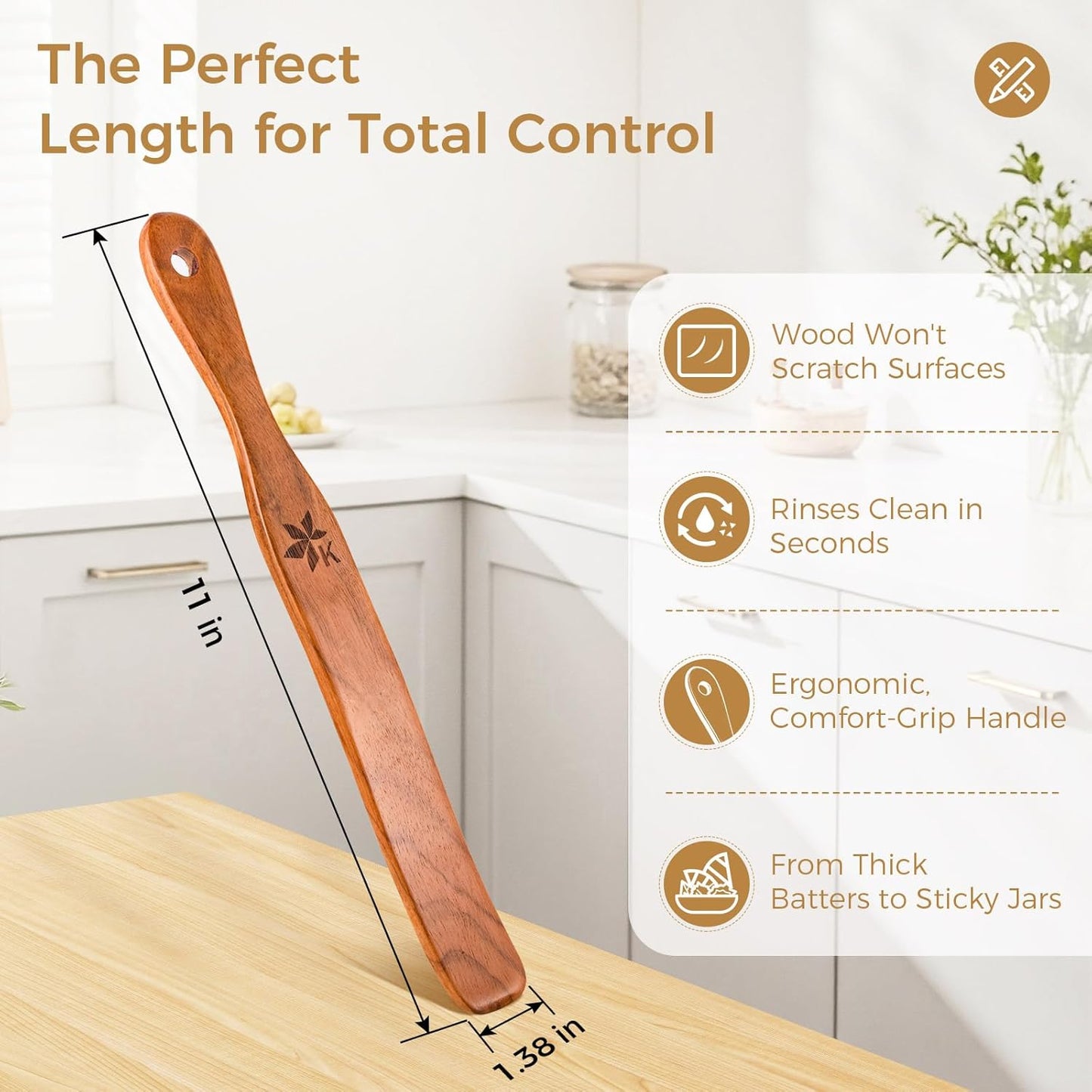 Spurtle for Sourdough Starter, Danish Dough Whisk and Jar Spatula, Solid Teak Wood for Mixing, Scraping Jars and Bread Making Tools, Wooden Kitchen Utensils for Non-Stick Cookware (2) (2 Pcs spurtle)