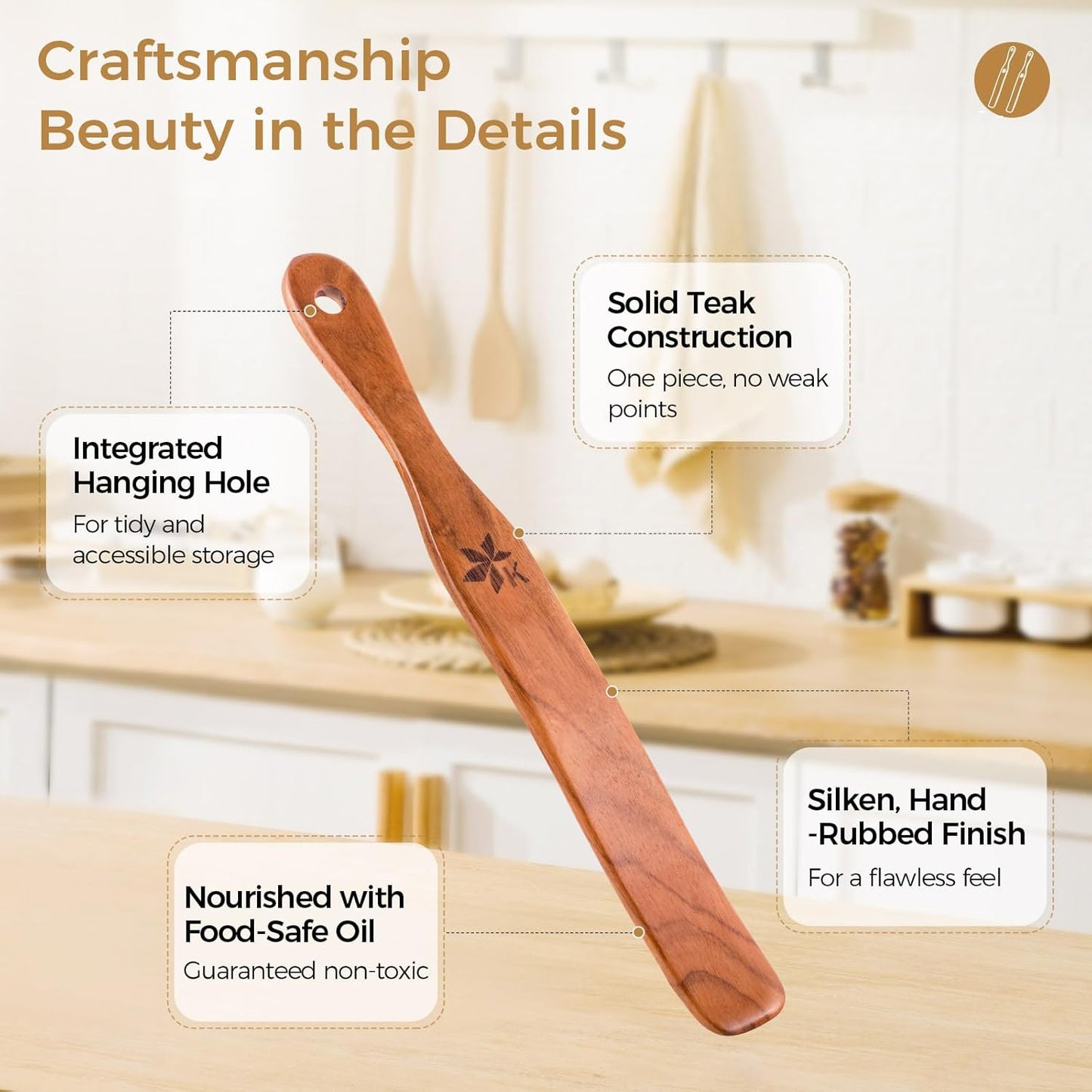 Spurtle for Sourdough Starter, Danish Dough Whisk and Jar Spatula, Solid Teak Wood for Mixing, Scraping Jars and Bread Making Tools, Wooden Kitchen Utensils for Non-Stick Cookware (2) (2 Pcs spurtle)