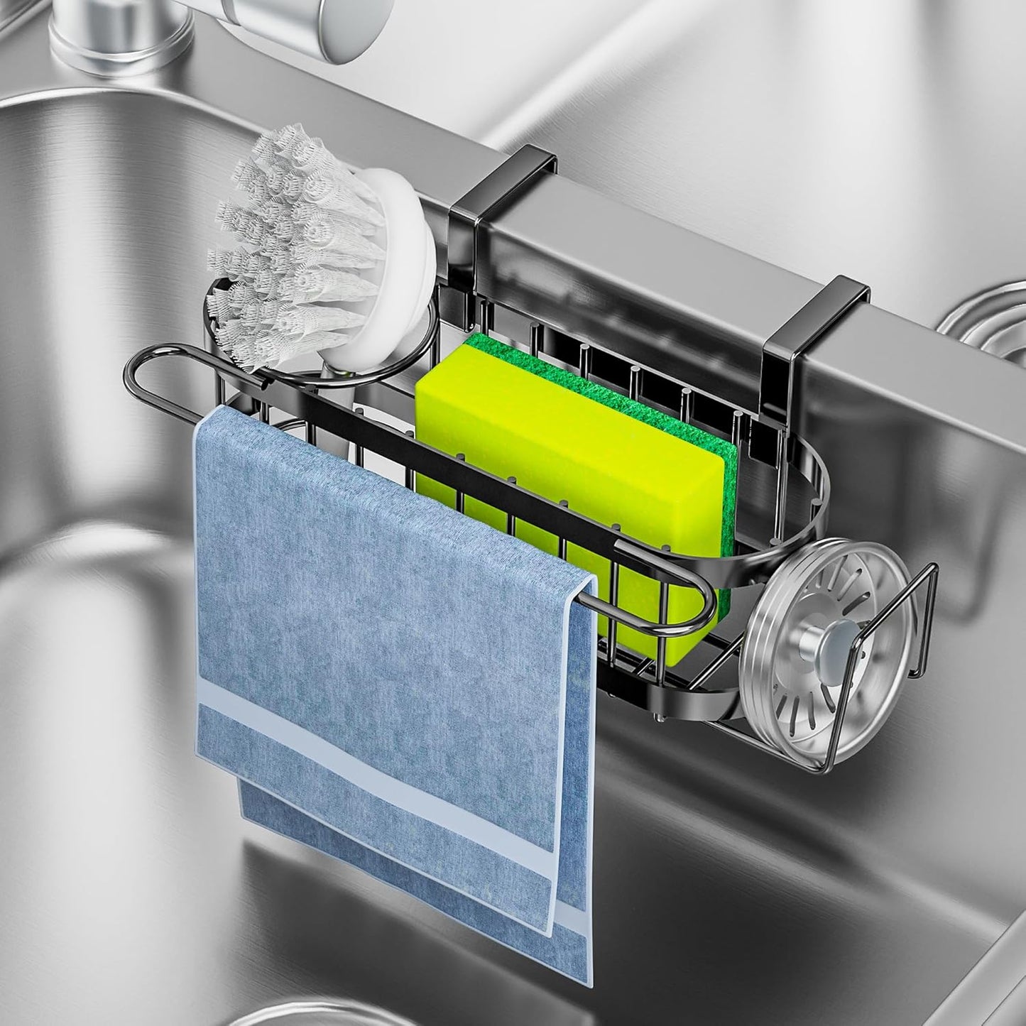 Cisily Kitchen Sink Caddy Sponge Holder in The Sink, Stainless Steel Kitchen Sink Organizer, Brush Holder, Dish Cloth Hanger, Sink Stopper Holder (Suction cup-Black)