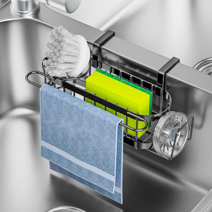 Cisily Kitchen Sink Caddy Sponge Holder in The Sink, Stainless Steel Kitchen Sink Organizer, Brush Holder, Dish Cloth Hanger, Sink Stopper Holder (Suction cup-Black)