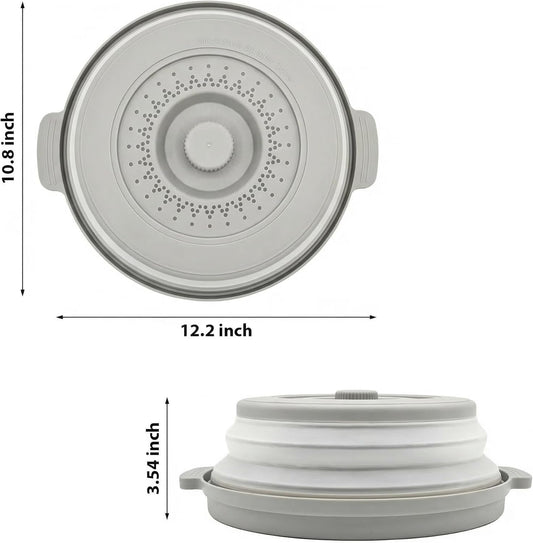 Microwave Food Cover With Handle - Collapsible And Vented Silicone Splash Guard With Tray - For Microwave Food Heating-Splash Guard Can Be Used As a Draining Basket For Washing Vegetables (Gray)