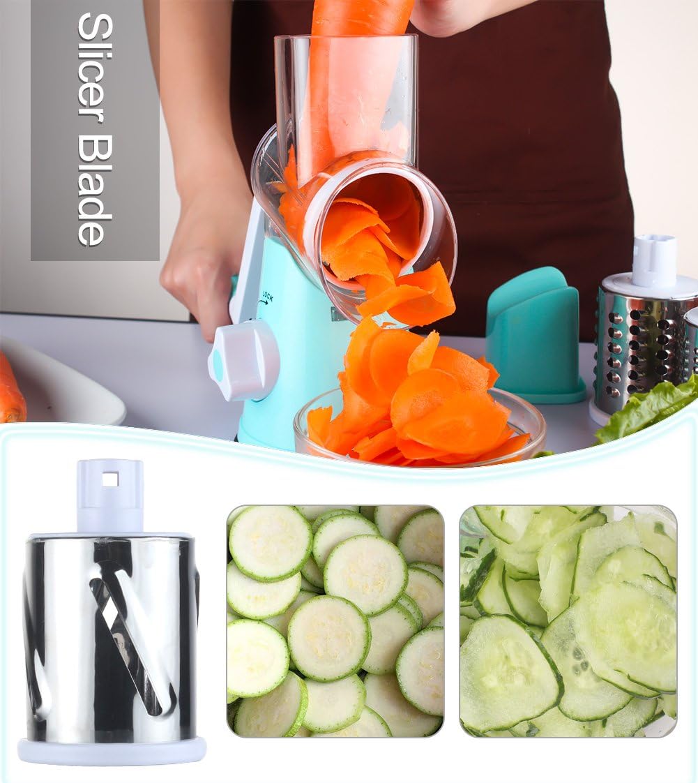 Rotary Cheese Grater Shredder and Hamburger Meat Chopper Stirrer, Round Food Slicer with 3 Drum Blades and Ground Beef Meat Breaker with Heat Resistant 5 Curved Blades