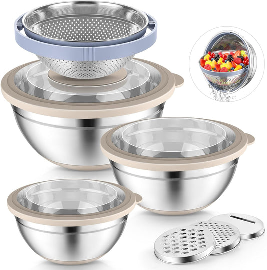 Mixing Bowls with Lids, Metal Mixing Bowl with Colander, Khaki | 3 PCS Stainless Steel nesting bowls for Prepping, Storing, Colander for Draining, 3 Grater Attachments & Non-Slip Bottoms