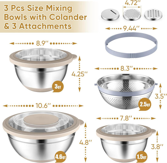 Mixing Bowls with Lids, Metal Mixing Bowl with Colander, Khaki | 3 PCS Stainless Steel nesting bowls for Prepping, Storing, Colander for Draining, 3 Grater Attachments & Non-Slip Bottoms