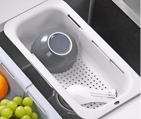 Over the Sink Colander Strainer Basket - Wash Vegetables and Fruits, Drain Cooked Pasta and Dry Dishes - Extendable - New Home Kitchen Essentials (White)