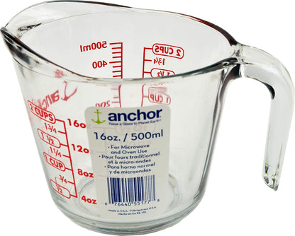 2 Cup (16 Ounce) Glass Measuring Cup, clear glass with red lettering (Anc-9439)