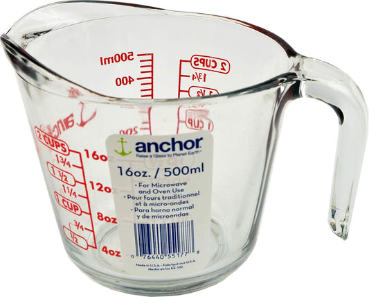 2 Cup (16 Ounce) Glass Measuring Cup, clear glass with red lettering (Anc-9439)