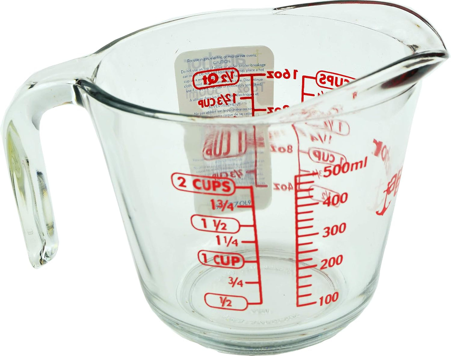 2 Cup (16 Ounce) Glass Measuring Cup, clear glass with red lettering (Anc-9439)