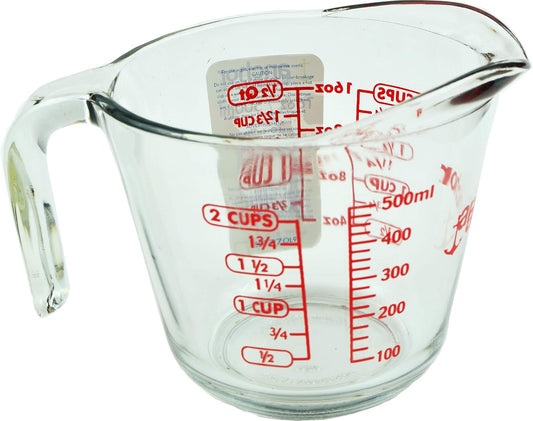2 Cup (16 Ounce) Glass Measuring Cup, clear glass with red lettering (Anc-9439)