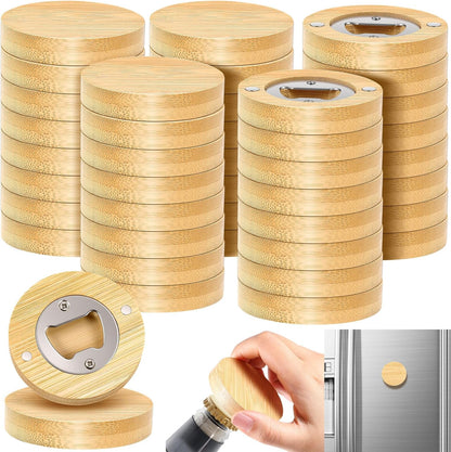 100 Pcs Magnetic Bottle Opener 2.5in DIY Bamboo Round Shape Beer Openers Wooden Fridge Magnet Refrigerator Sticker Gift for Beer Lover Wedding Guest Kitchens Bars Parties