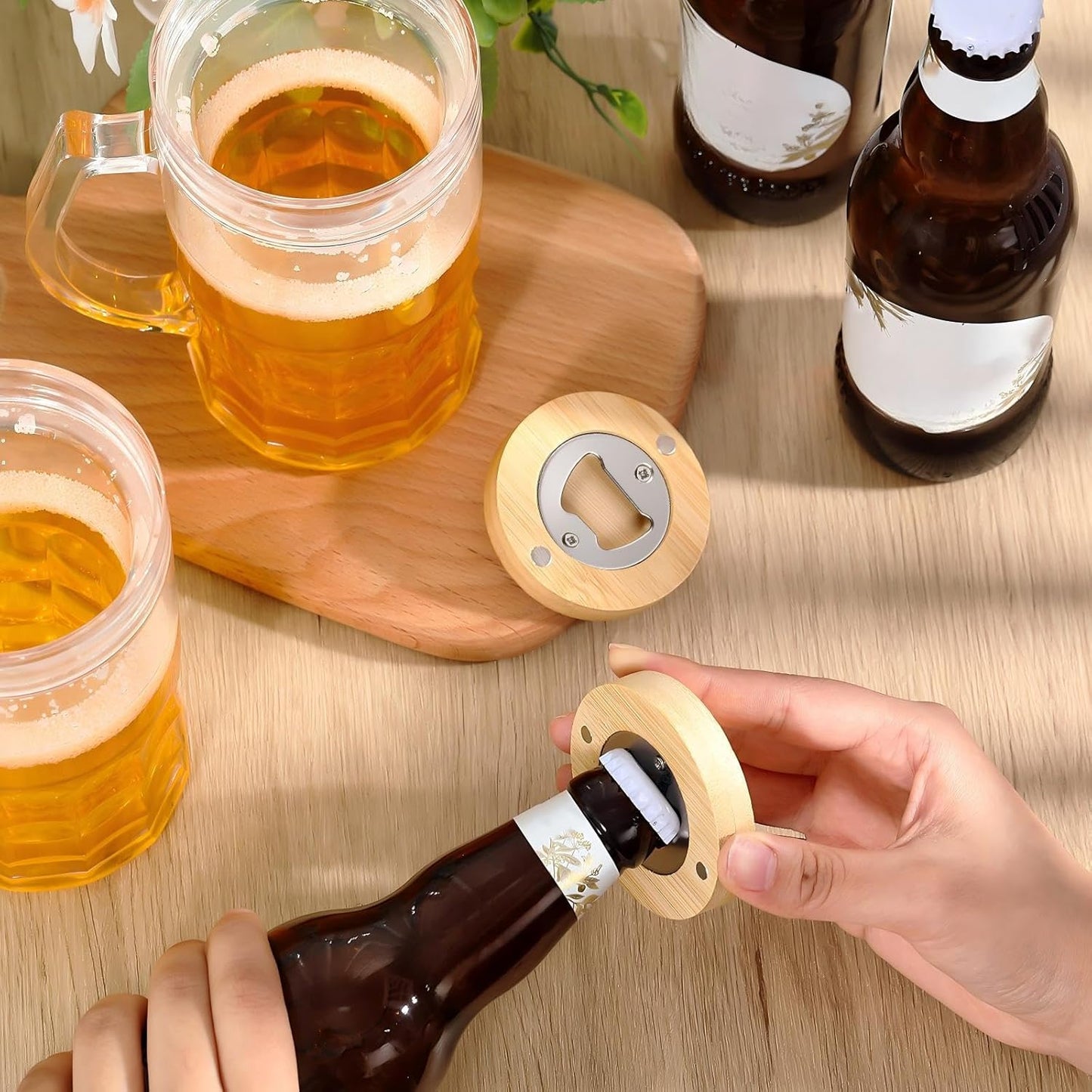 100 Pcs Magnetic Bottle Opener 2.5in DIY Bamboo Round Shape Beer Openers Wooden Fridge Magnet Refrigerator Sticker Gift for Beer Lover Wedding Guest Kitchens Bars Parties