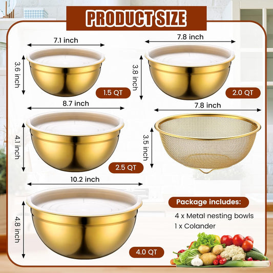 Gold Mixing Bowls with Airtight Lids Stainless Steel Mixing Bowl Set of 5, 4 Metal Nesting Organizers 4 in 1 Colander Non-slip Bottom Size 1.5, 2.0, 2.5, 4.0 Qt for Baking Serving Food