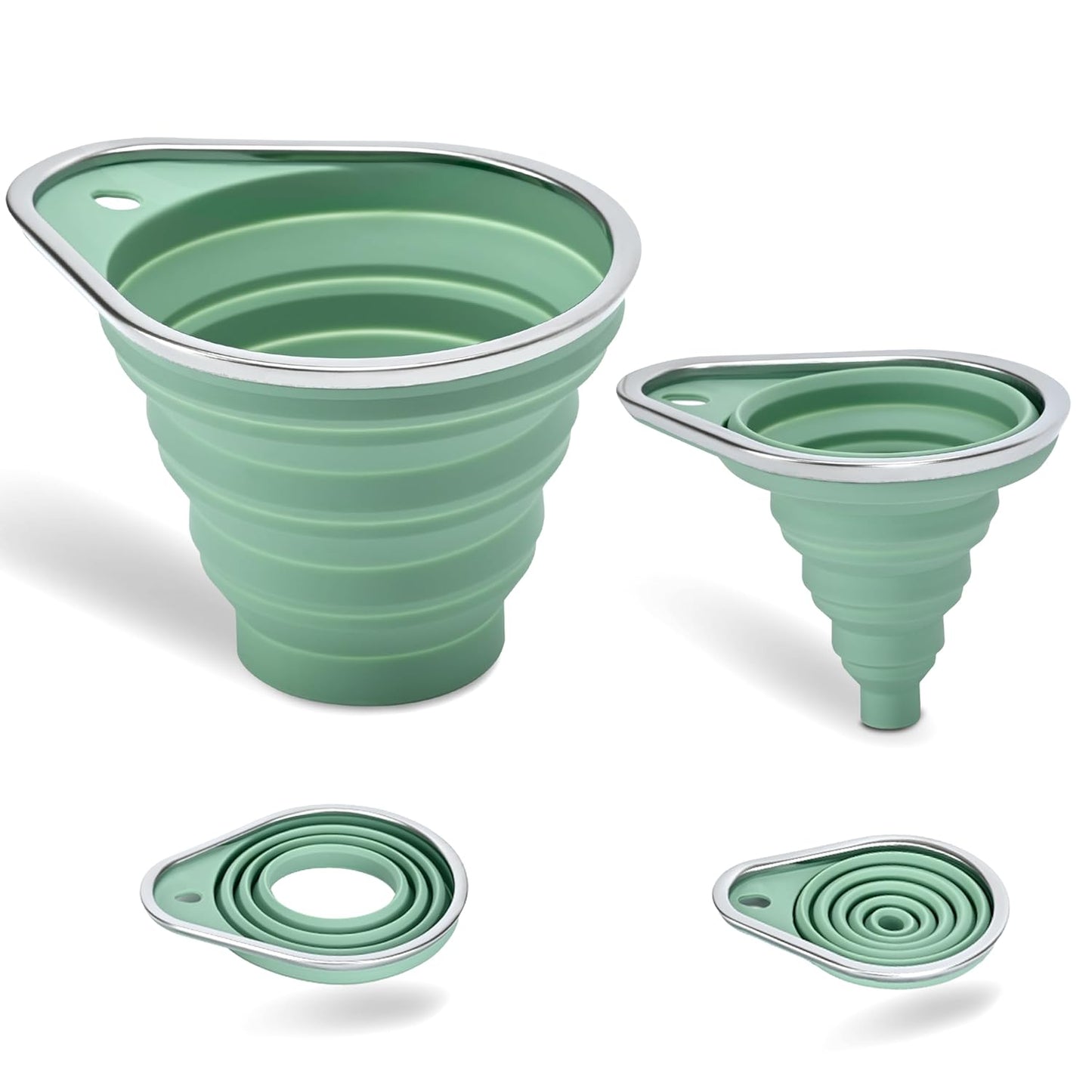 Stainless Steel Rim Silicone Collapsible Funnel Set, 2 Pack Large & Small Wide Mouth Kitchen Funnels for Mason Jar Canning, Bottle Filling, Food Grade Liquid & Powder Transfer