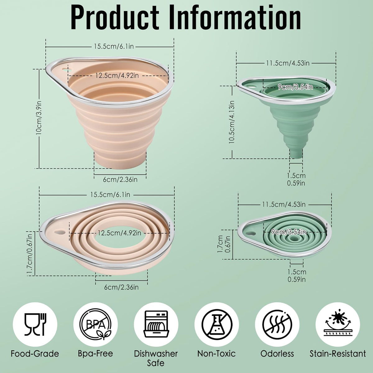 Stainless Steel Rim Silicone Collapsible Funnel Set, 2 Pack Large & Small Wide Mouth Kitchen Funnels for Mason Jar Canning, Bottle Filling, Food Grade Liquid & Powder Transfer