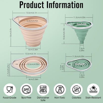 Stainless Steel Rim Silicone Collapsible Funnel Set, 2 Pack Large & Small Wide Mouth Kitchen Funnels for Mason Jar Canning, Bottle Filling, Food Grade Liquid & Powder Transfer
