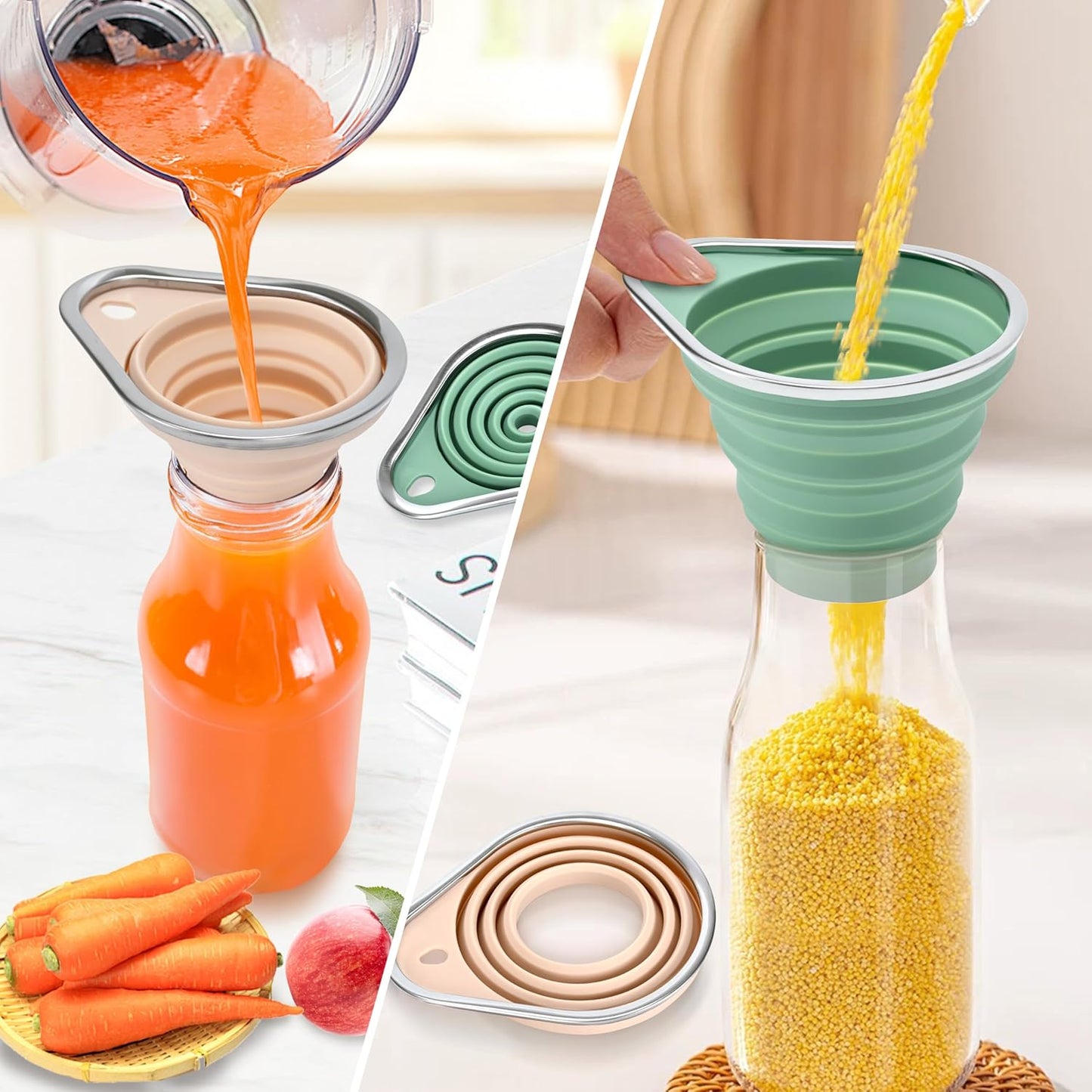 Stainless Steel Rim Silicone Collapsible Funnel Set, 2 Pack Large & Small Wide Mouth Kitchen Funnels for Mason Jar Canning, Bottle Filling, Food Grade Liquid & Powder Transfer