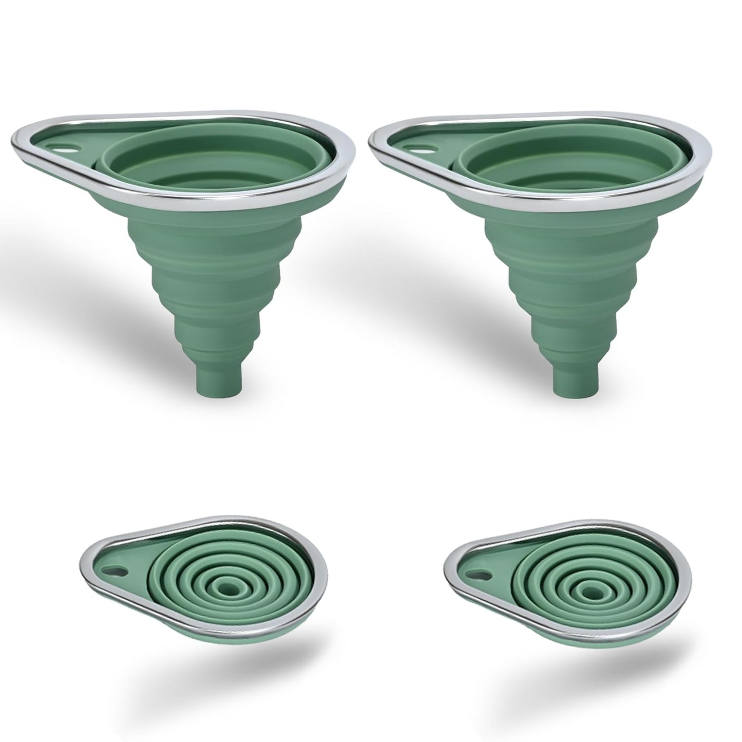 Stainless Steel Rim Silicone Collapsible Funnel Set, 2 Pack Large & Small Wide Mouth Kitchen Funnels for Mason Jar Canning, Bottle Filling, Food Grade Liquid & Powder Transfer