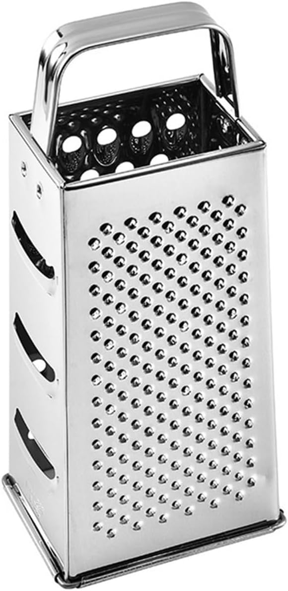 Multifunctional 4-Sides Box Grater Stainless Steel Kitchen Gadget for Cheese Vegetable Fruit Grating and Slicing with Comfortable Grip Compact 9.64X4.17X3.14 Inch